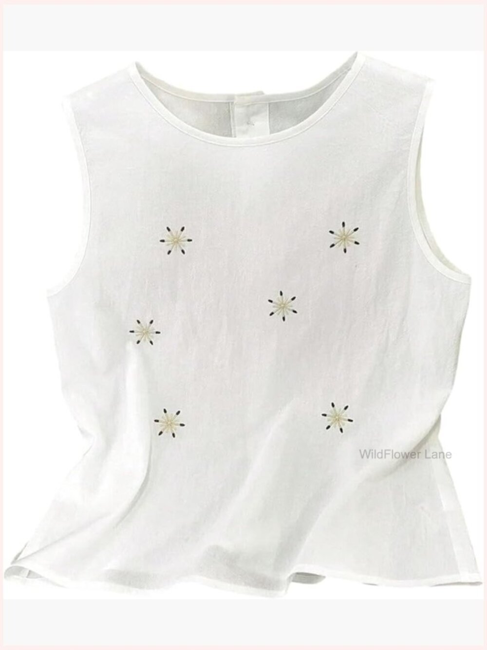 Boho Floral Embroidery Tank Top - Sleeveless Blouse with Button Back